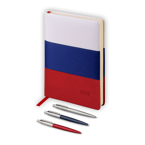 Подарочный набор Parker Jotter London Trio: гелевая ручка Red CT, шариковая ручка Blue CT, карандаш Stainless Steel CT и Ежедневник датир.триколор