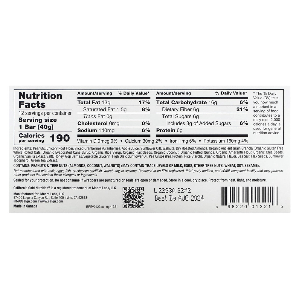 California Gold Nutrition, Foods, жевательные батончики из гранолы с клюквой и миндалем, 12 шт. по 40 г (1,4 унции)