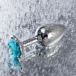 Серебристая анальная втулка с голубой розочкой 8см ToyFa Metal 717009-14