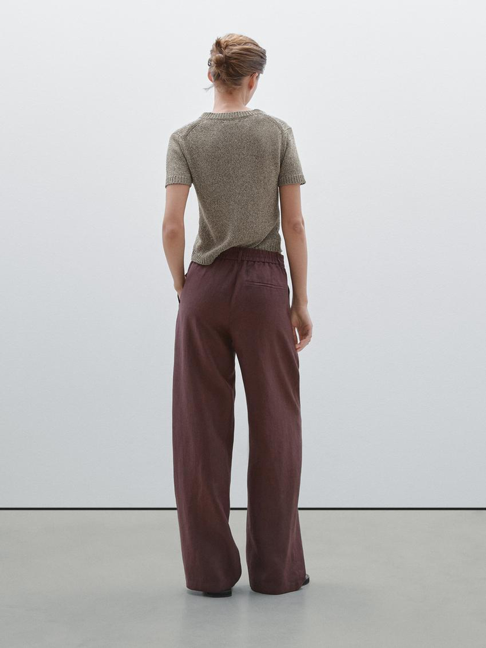 Massimo Dutti Брюки из 100% льна с широкими штанинами и эластичной деталью, коричневый