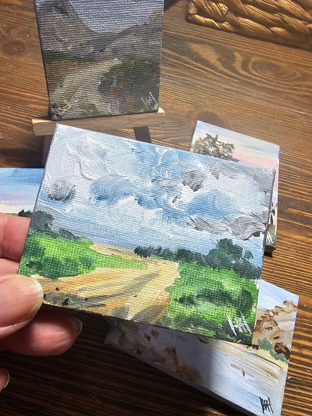 Миниатюра акрилом на холсте 6х8см "Летний день" с мольбертом, авторская ручная работа