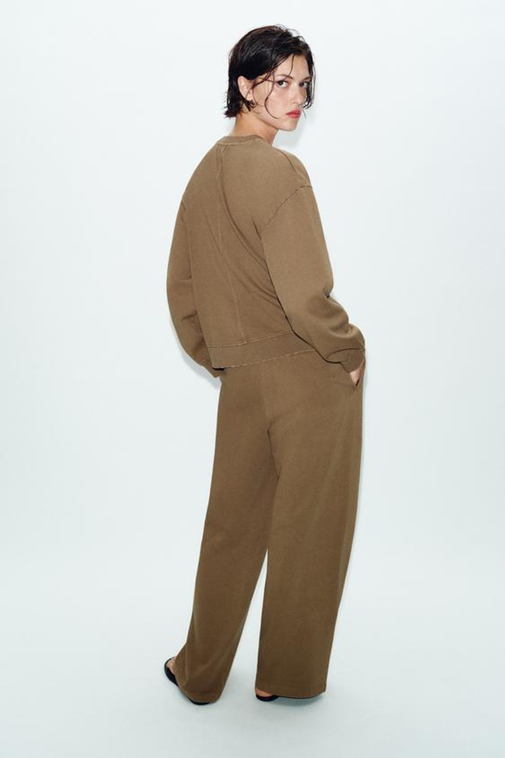 ZARA ШИРОКИЕ БРЮКИ С ЭФФЕКТОМ ПОТЕРТОСТИ, СЕРО-КОРИЧНЕВЫЙ