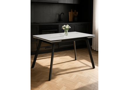 Керамический стол Woodville Норман 140(200)х80х75 белый мрамор alpin white, черный, ножки черные