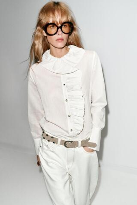 ZARA РУБАШКА В ПОЛОСКУ С ВОЛАНАМИ, БЕЛЫЙ/ЧЕРНЫЙ