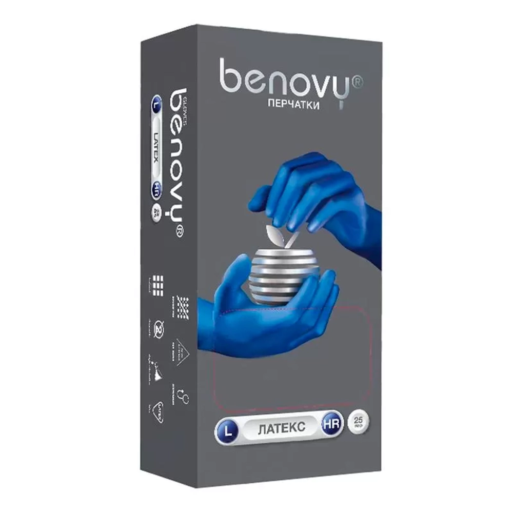 Перчатки латексные повышенной прочности смотровые неопудренные текстурированные Benovy Latex High Risk размер L синие 25 пар