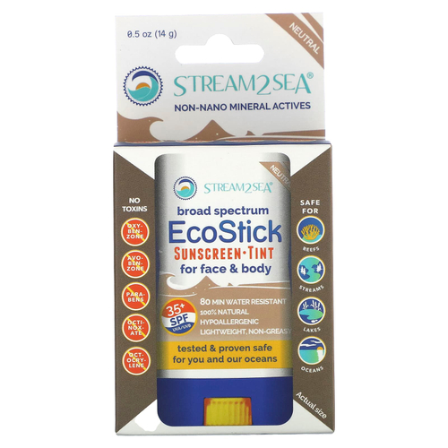 Stream2Sea, EcoStick, солнцезащитный тоник, SPF 35+, нейтральный, 14 г (0,5 унции)