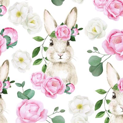 Пасхальный кролик с розой, цветами пиона на белом фоне