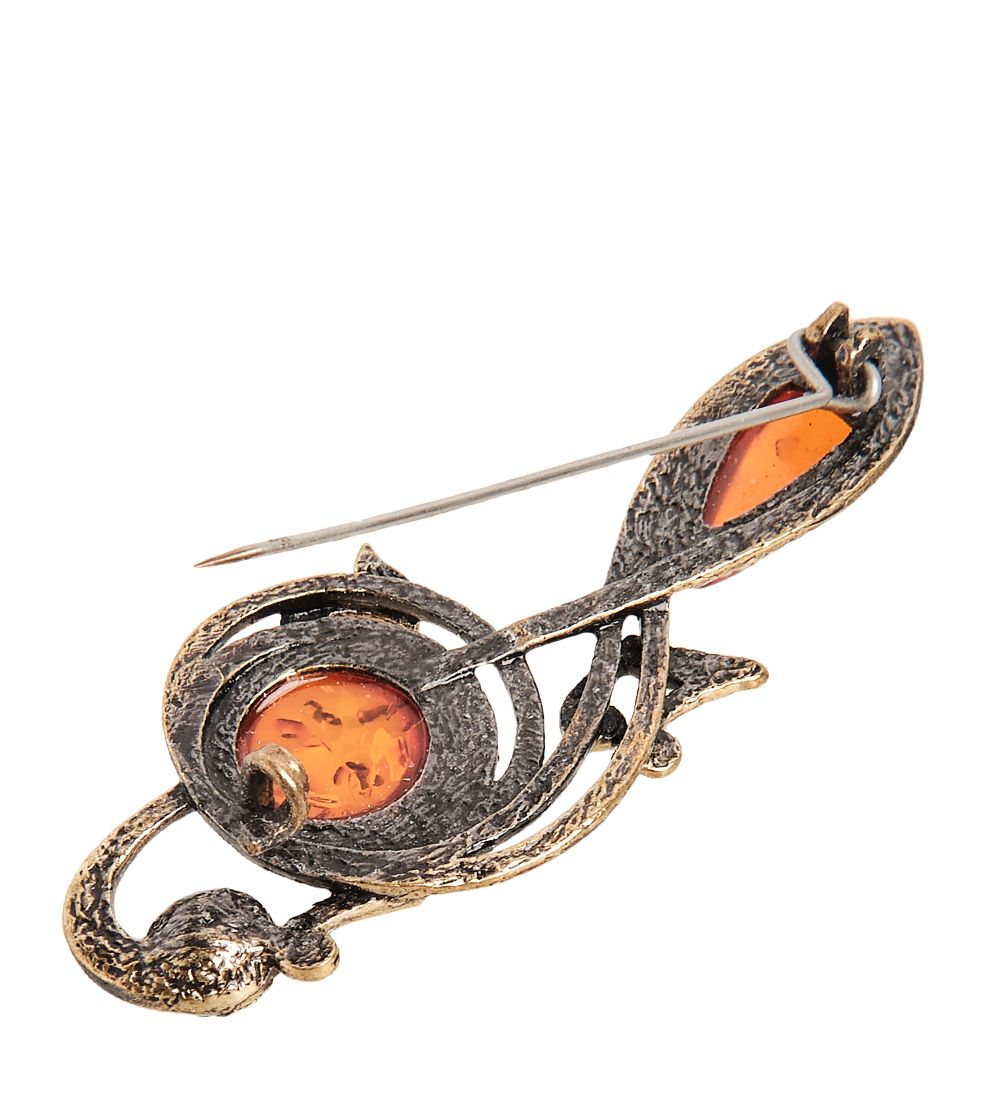 AM-1958 Брошь «Скрипичный ключ с нотами» (латунь, янтарь)