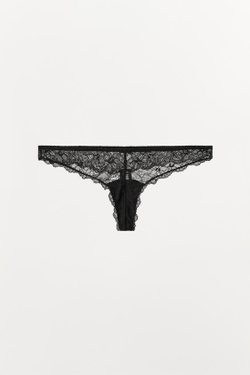 ZARA КРУЖЕВНЫЕ ТРУСЫ-ТАНГА, ЧЕРНЫЙ