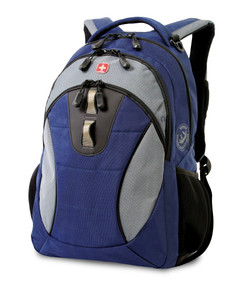 Качественный с гарантией прочный рюкзак на молнии синий с серым объёмом 22 л из полиэстера с боковыми карманами для бутылок из эластичной сетки, эргономичной ручкой, спинкой и ремнями с системой циркуляции воздуха Airflow WENGER 3001202408