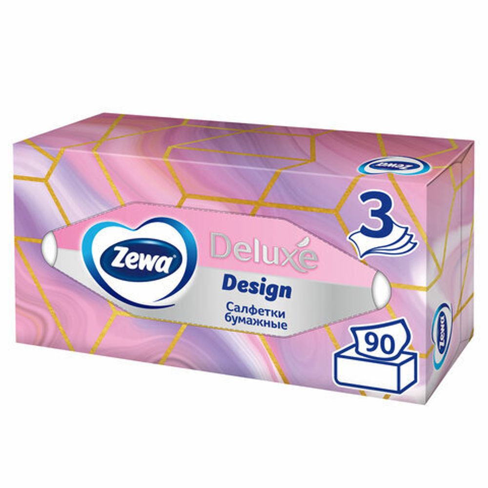 Салфетки косметические 90 штук в картонном боксе, 3-слойные, ZEWA Deluxe Design, 28420