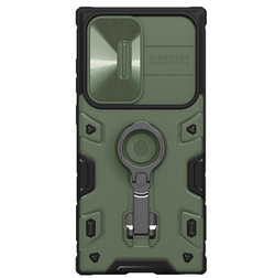 Противоударный чехол зеленого цвета от Nillkin серии CamShield Armor Pro для Samsung Galaxy S23 Ultra, с поворотным кольцом и защитной шторкой для камеры