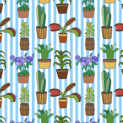 Seamless pattern of flowerpots, cacti in pots.