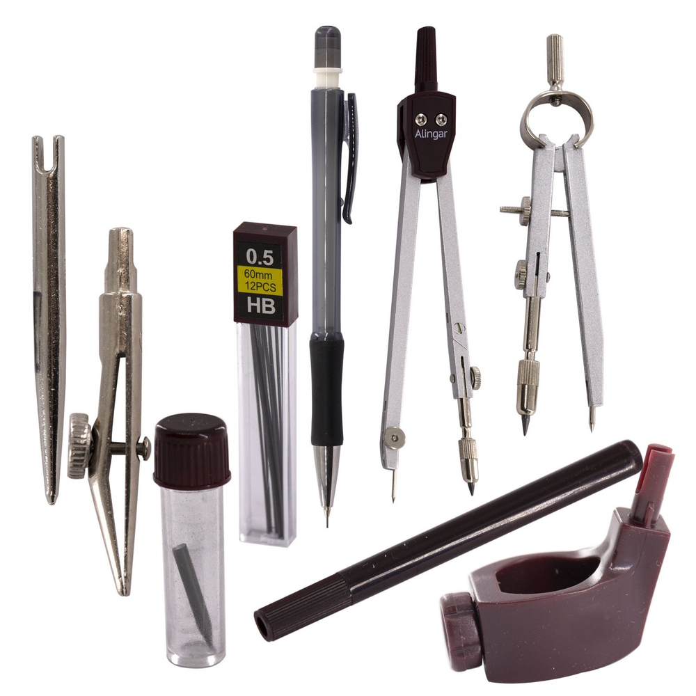 Готовальня Alingar, 9 предметов, метал.циркуль,мех.карандаш,рейсфедер.вст.,удлинитель,точечн.насадка,кронциркуль,универ.дерпластик. футляр, европодвес