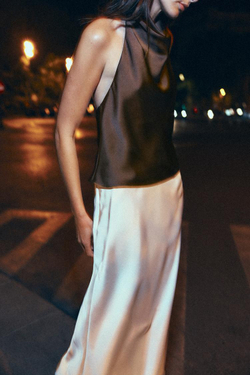 ZARA АТЛАСНЫЙ ТОП С ГОРЛОВИНОЙ ХАЛТЕР, КОРИЧНЕВЫЙ