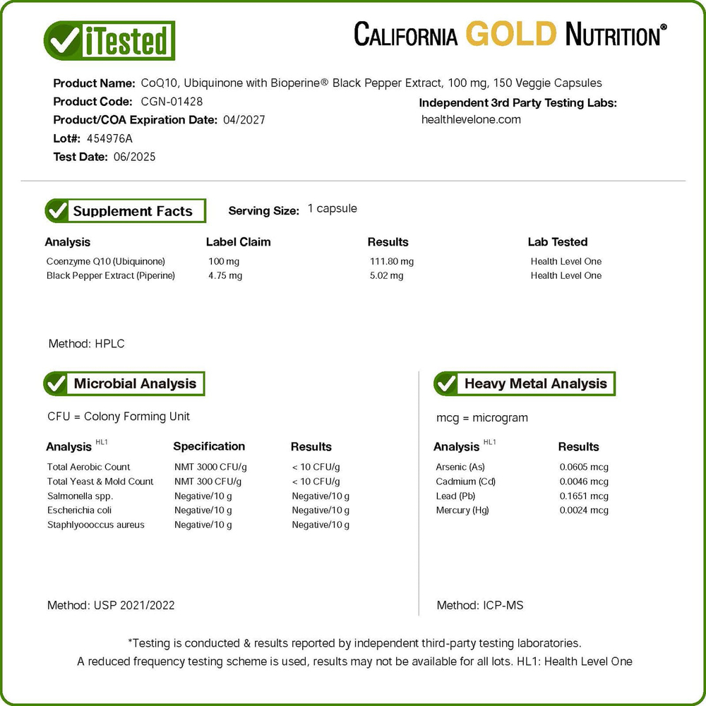 California Gold Nutrition, коэнзим Q10, убихинон класса USP с экстрактом чёрного перца Bioperine®, улучшенная биодоступность, 100 мг, 150 растительных капсул