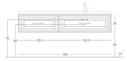 Комплект мебели AUTOGRAFO подвестная база под раковину, 185*50*35 см, 2 ящика bianco licido + Столешница из искусственного камня 1850*505*12 с двумя интегрированными чашами 600*300*100, цвет белый матовый