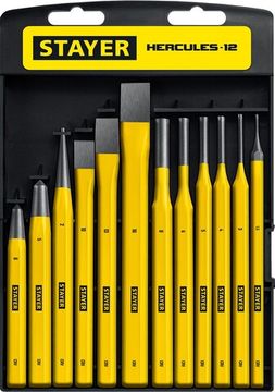 STAYER Hercules, 12 предметов, набор зубил и кернеров в пластиковом держателе, Professional (21077-H12)