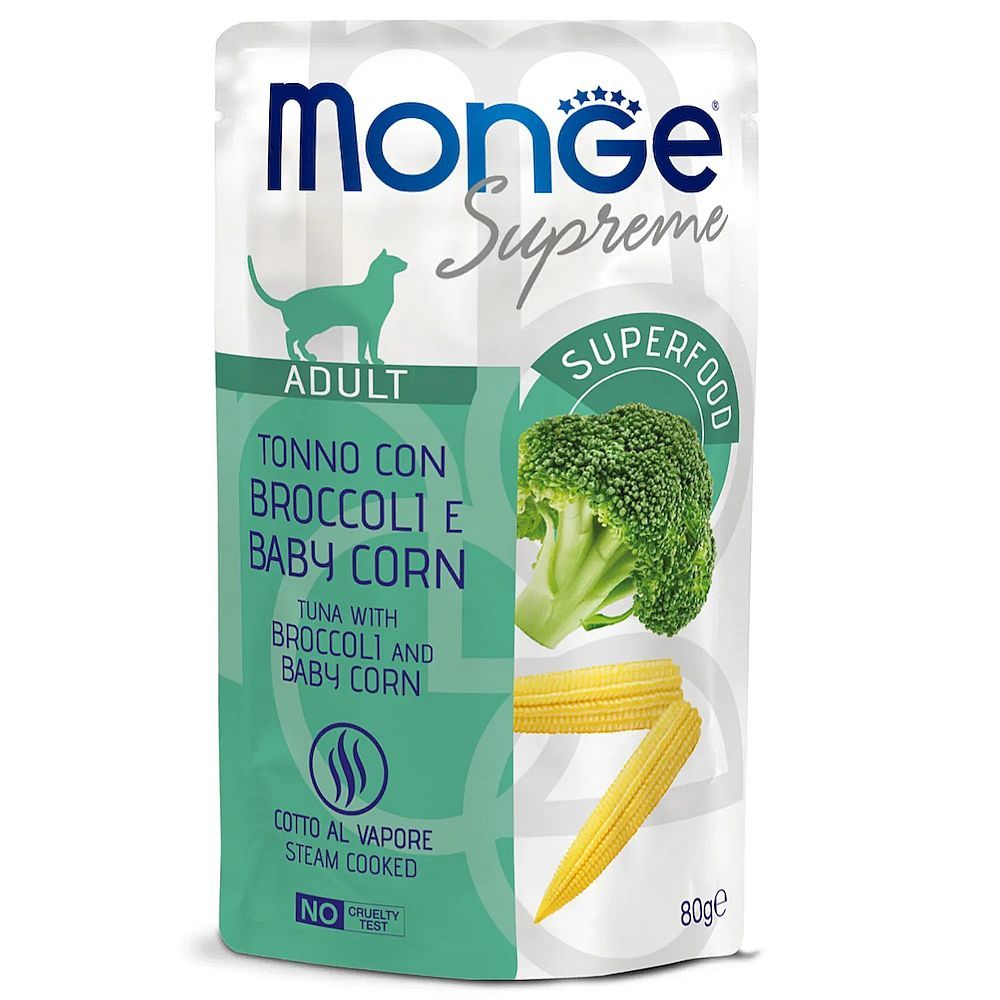 Влажный корм для кошек Monge Supreme Adult cat из тунца с брокколи и мини-кукурузой, Пауч 80 г