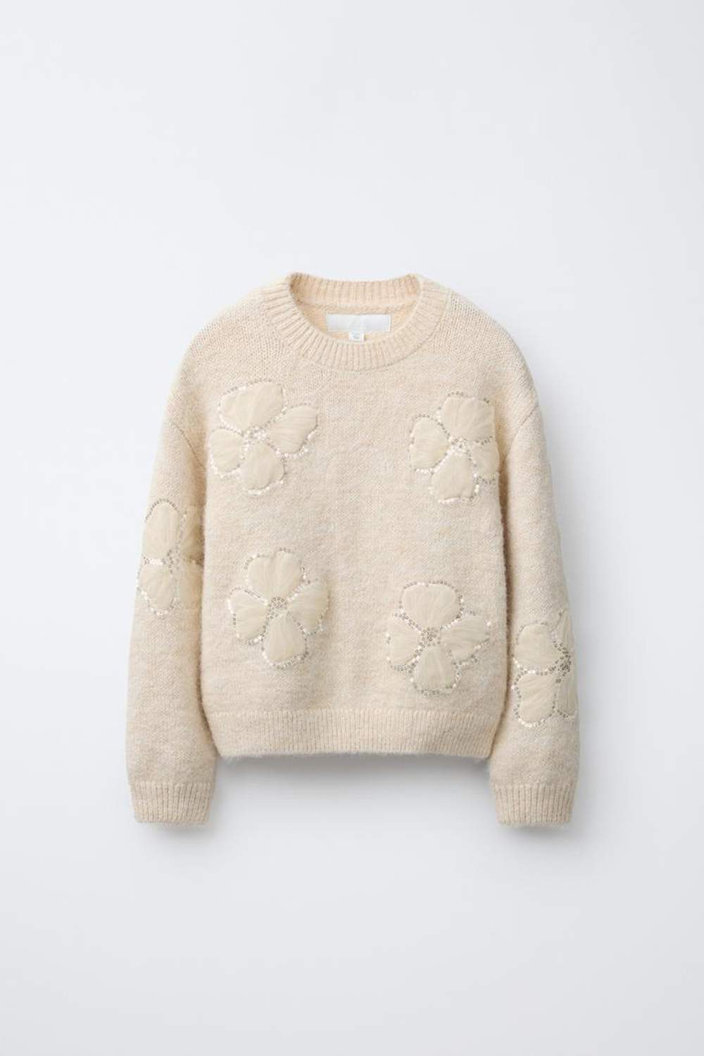 ZARA ДЖЕМПЕР ВЯЗАНЫЙ С ПАЙЕТКАМИ, ЭКРЮ