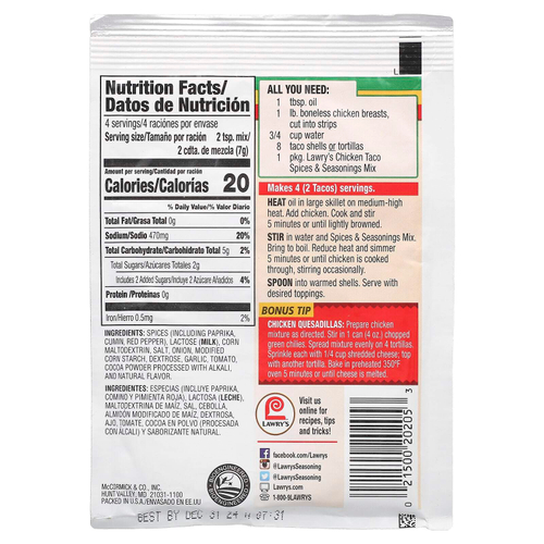 Lawry's, тако с курицей, смесь специй и приправ, 28,3 г (1 унция)