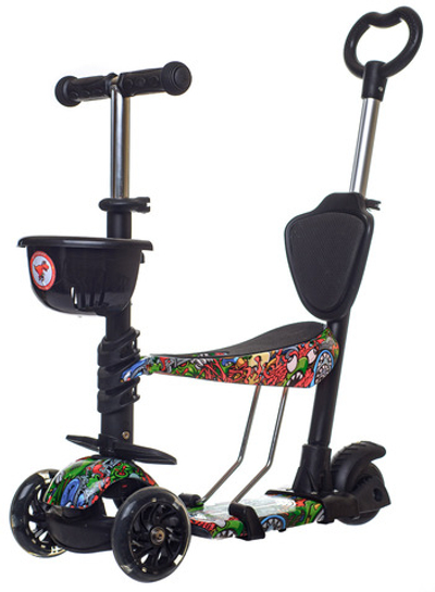 Самокат детский трехколесный + беговел Игрокат Жук Принт Монстры со светящимися колесами и родительской ручкой