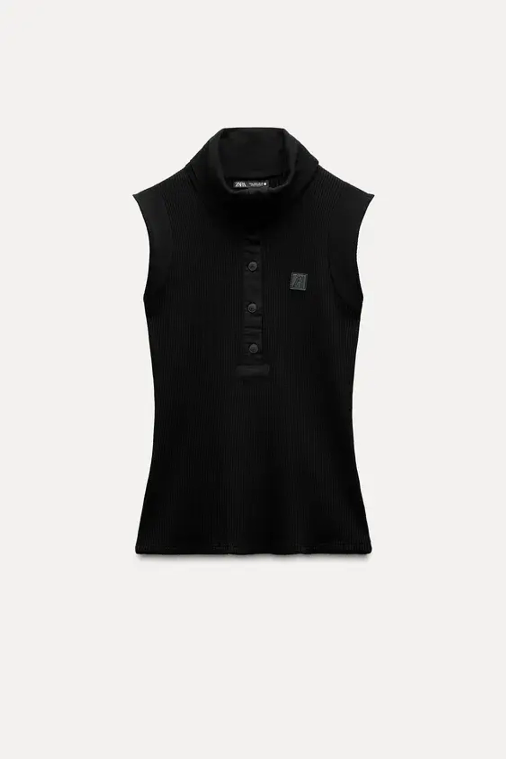 ZARA ТОП В РУБЧИК С НАШИВКОЙ, ЧЕРНЫЙ