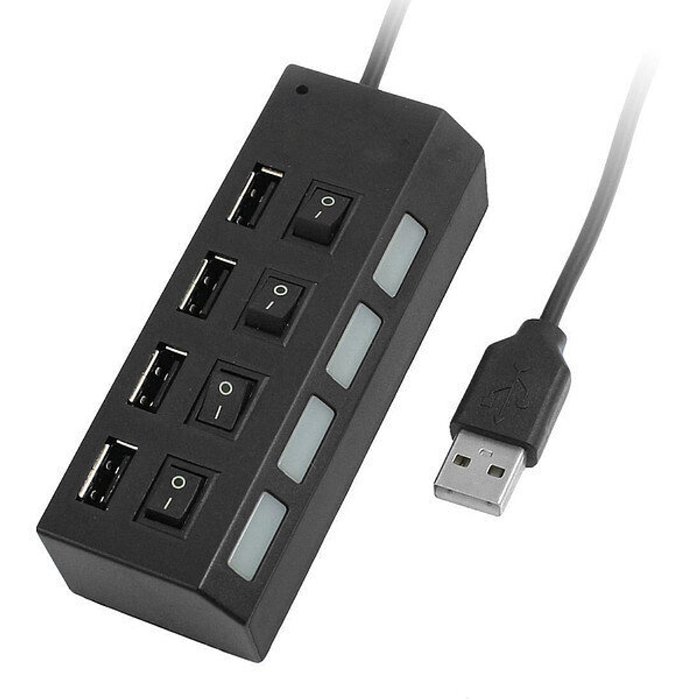 Черный USB-HUB на 4-порта с выключателем и подсветкой активного порта