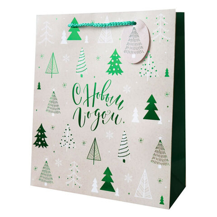 НГ Пакет подарочный M вертикальный, С Новым Годом, Зеленые елочки, 25*30*11 см (Д*В*Ш), 1 шт.