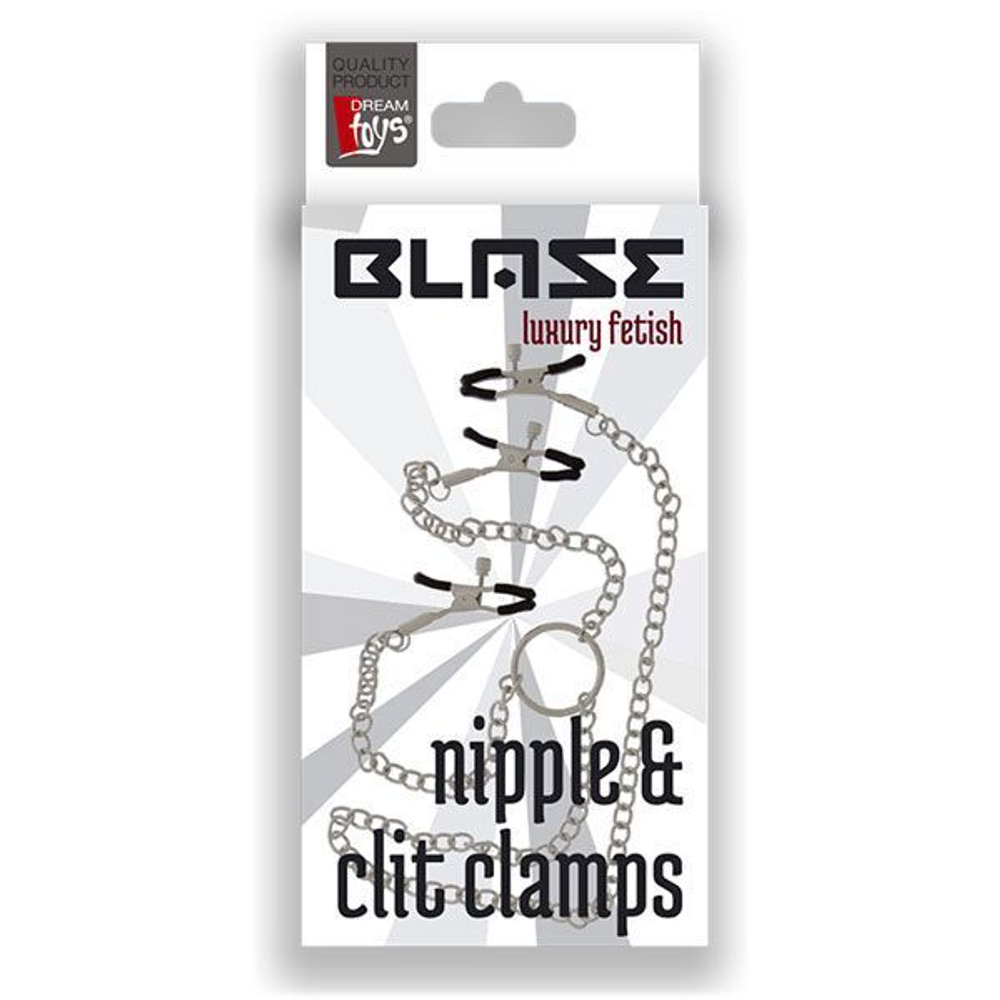 Клипсы на соски, соединённые цепью с зажимом для клитора (Цвет: серебристый)