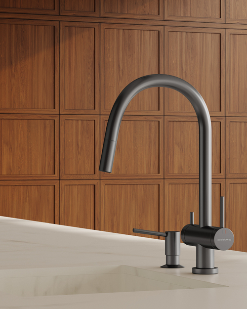 Смеситель для кухни Abelsberg Aera EMF71709GM c вытяжным изливом и возможностью подключения фильтра для воды, цвет космическая сталь, PVD покрытие