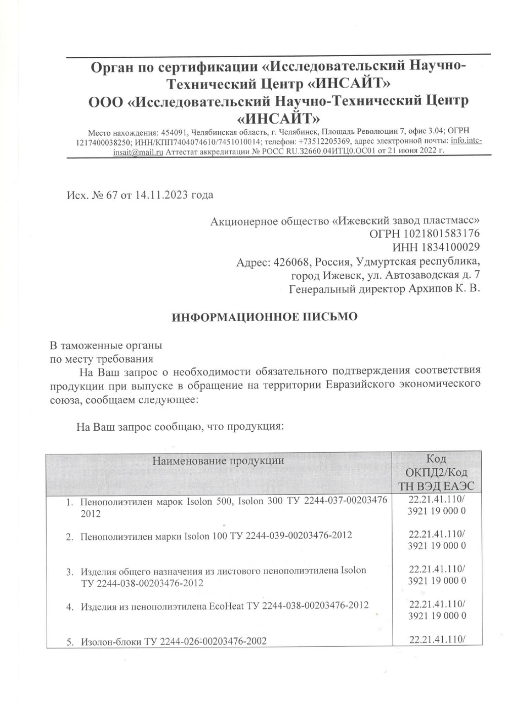 Сертификаты на изолон