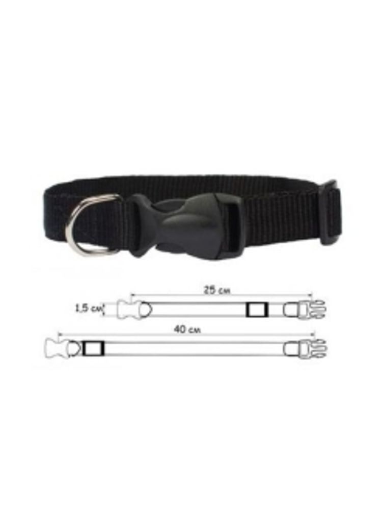 Ошейник капроновый для кошек и собак цветной черный плотный 15 мм обхват шеи 25-40 см.