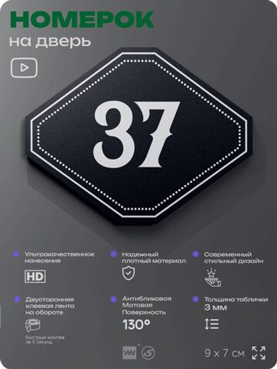 Номерок на дверь квартиры 37, для кабинета, офиса, шильдик 9 х 7 см, черный, Айдентика Технолоджи