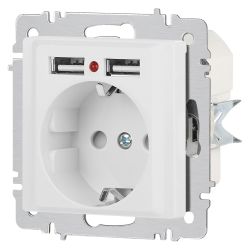 Розетка Intro Accent 6-410-01М с заземлением 2P+E Schuko со шторками 16А-250В + 2хUSB IP20 СУ белый матовый