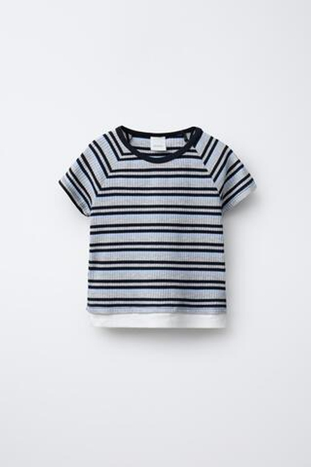ZARA ФУТБОЛКА В ПОЛОСКУ С ДВОЙНЫМ НИЗОМ, СИНИЙ