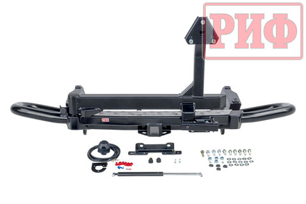 Бампер задний силовой/защита штатного бампера Toyota Land Cruiser Prado 150 c квадратом под фаркоп, калиткой, подсветкой номера РИФ