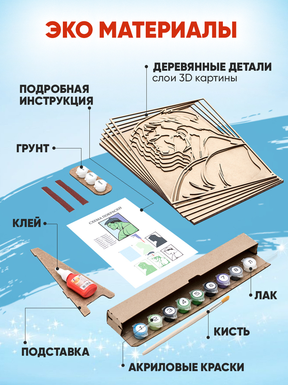3D картина по номерам Халк Marvel (Марвел) SamCraft, подарочный набор для творчества, многослойное панно из дерева для раскрашивания и сборки, супергерой комиксов