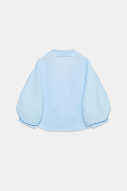 ZARA РУБАШКА ИЗ СМЕСОВОГО ЛЬНА С ОБЪЕМНЫМИ РУКАВАМИ, НЕБЕСНО-ГОЛУБОЙ