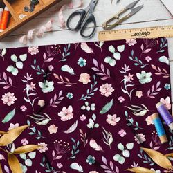 Ткань дюспо сдержанные цветы и листья на бордовом фоне