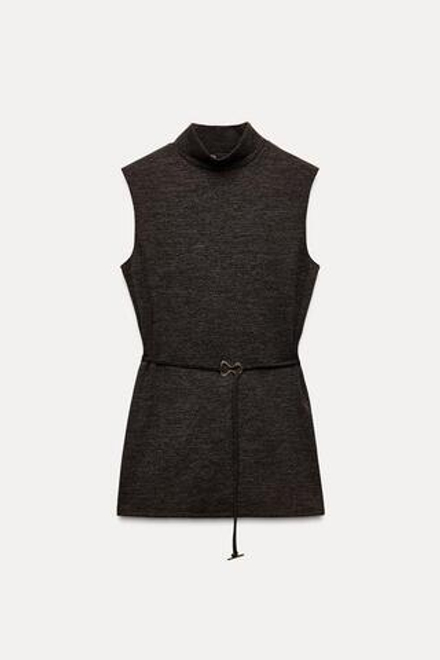 ZARA ТОП ИЗ МЯГКОЙ ТКАНИ ПИКЕ С ВОРОТНИКОМ-СТОЙКОЙ, КОРИЧНЕВЫЙ С МЕЛАНЖЕВЫМ ЭФФЕКТОМ
