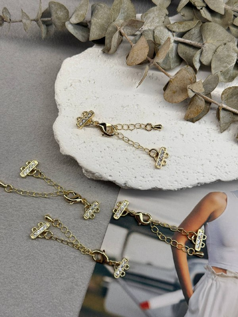 Замок для двойного браслета с фианитами, позолота 14k, 12 мм