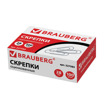 Скрепки BRAUBERG, 28 мм, 4 упаковки, оцинкованные, 100 шт., в картонной коробке, 227583