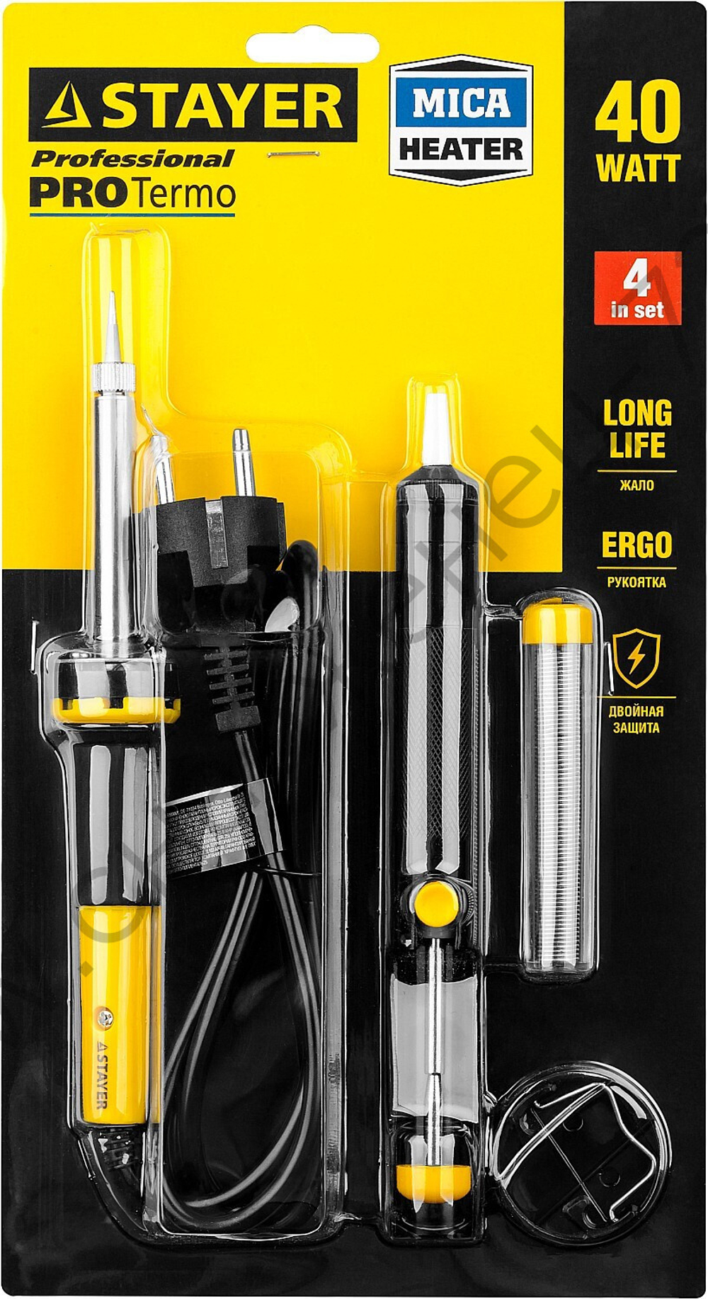 STAYER PROTerm 40Вт с 2К рукояткой, конус, оловоотсос + подставка + припой, Набор для паяльных работ (55316-40-H4)