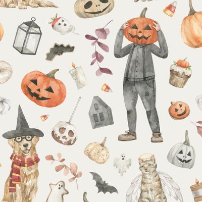 Хэллоуин, животные в костюмах, ребенок, тыквы