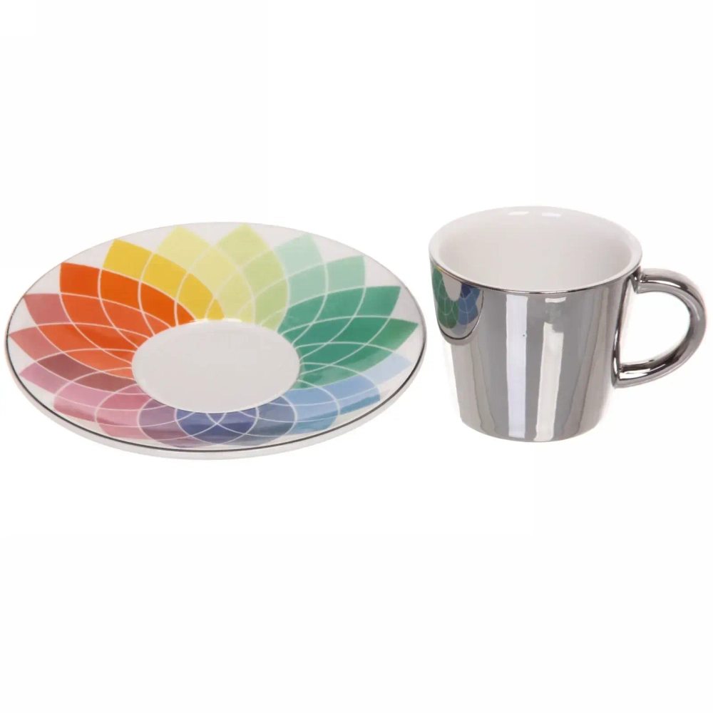 Кофейная пара (зеркальная кружка 90мл+блюдце) анаморфный дизайн «Радуга»