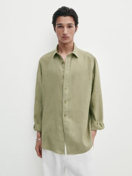 Massimo Dutti Рубашка классического кроя из 100% льна, темно-зеленый