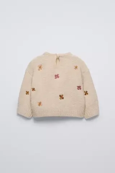 ZARA ТРИКОТАЖНЫЙ СВИТЕР С ВЫШИТЫМИ ЦВЕТАМИ, СВЕТЛО-БЕЖЕВЫЙ