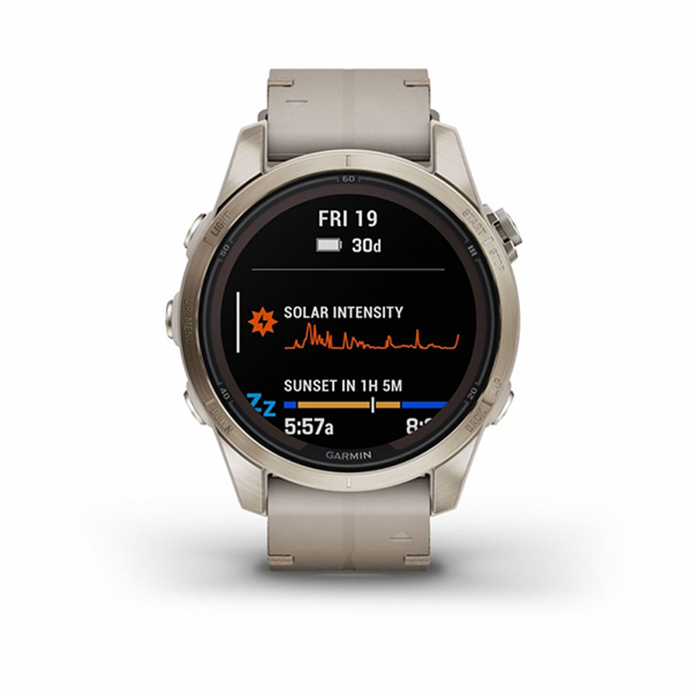 Умные часы Garmin FENIX 7S PRO Sapphire Solar 42 мм золотистый корпус с кожаным ремешком цвета известняка