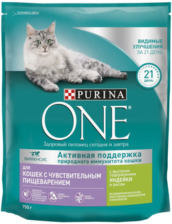 Purina ONE для кошек с Чувствительным Пищеварением с индейкой и рисом 750г.*8